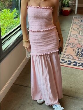 Zara Light Pink Strapless Crochet Top Maxi Skirt Set